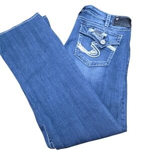 Silver Pioneer Jeans Women's Boot Cut Dark‎ Wash Denim Embellished Pockets 30/33